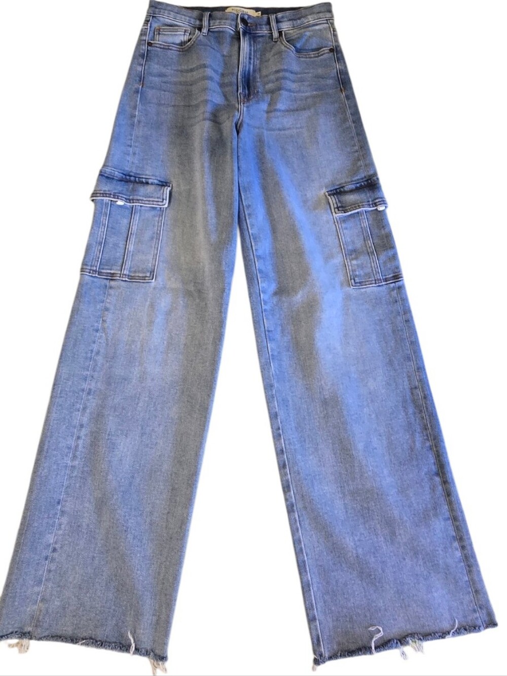 Hidden Los Angeles Wide Leg Cargo Jeans Size 28 High Rise Light Wash Frayed Hem